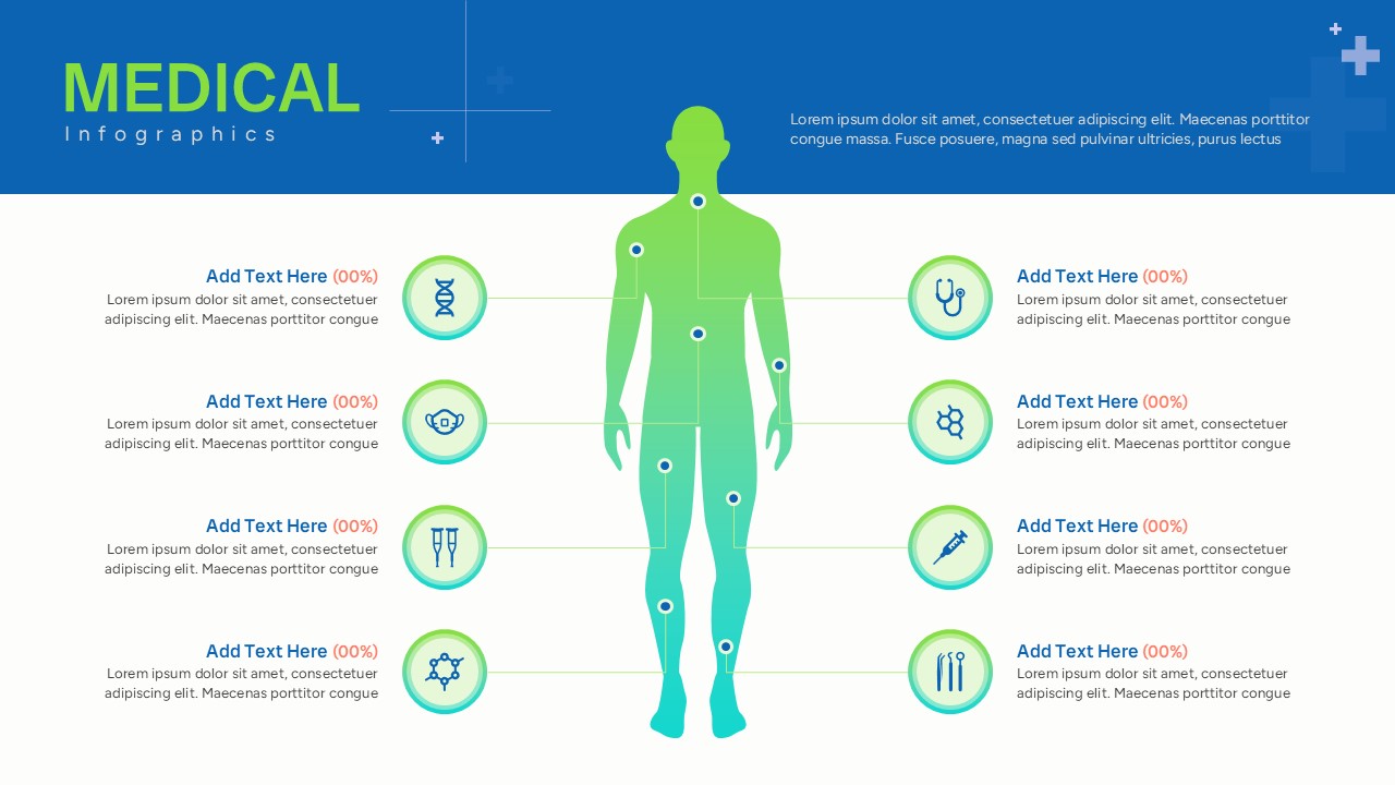 Full body human silhouette diagram with eight circular node callouts and medical vector icons.