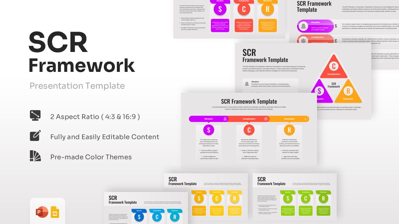 A comprehensive showcase of multiple SCR Framework PowerPoint Template slides featuring diverse flow layouts.