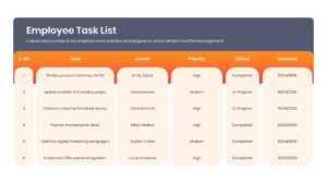 A sleek task list table with rounded vertical card elements displaying task names, owners, priorities, and deadlines.