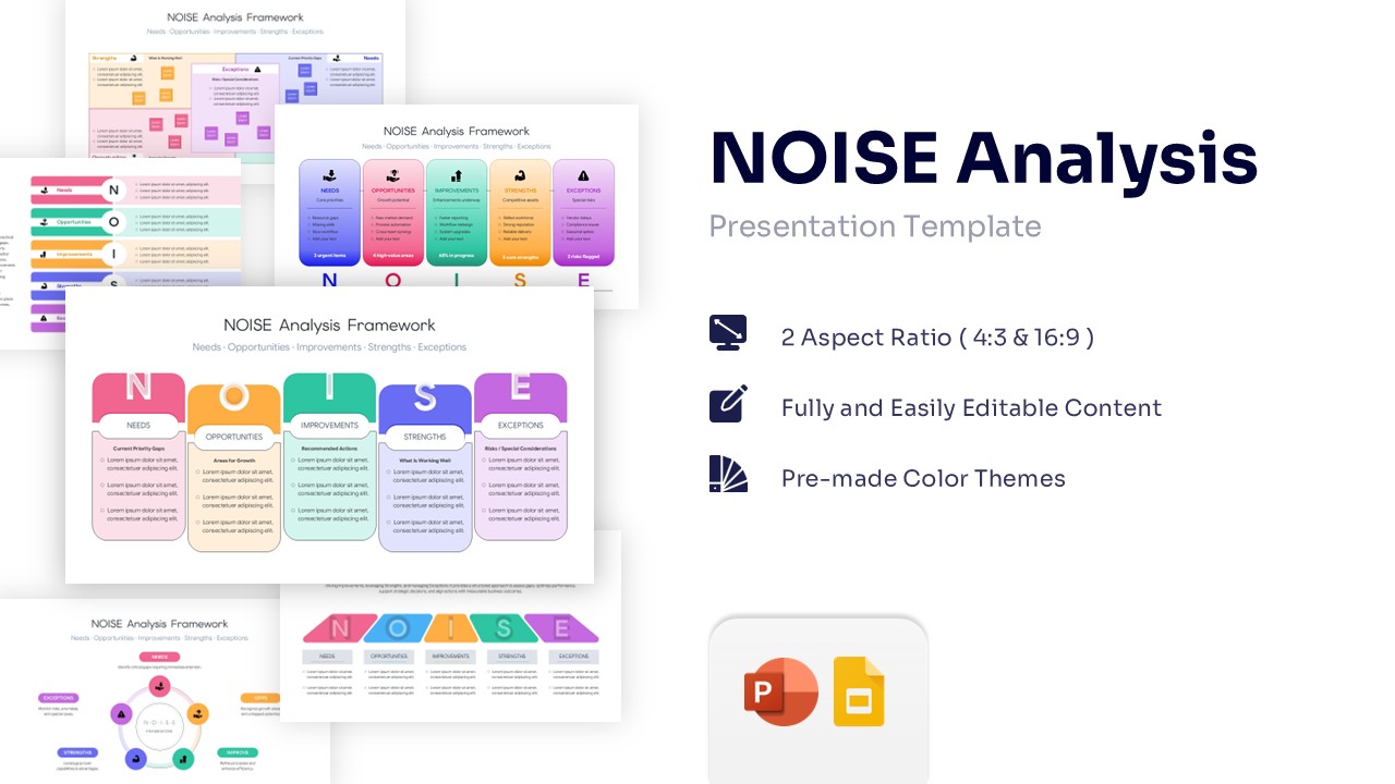 Multi-slide presentation mockup featuring various colorful NOISE analysis template layouts.