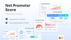 A mockup compilation of multiple Net Promoter Score slide layouts showing charts and editable icons