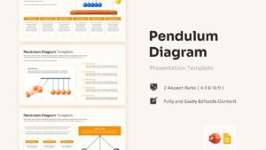 Pendulum diagram slides set with 3D Newton cradle graphics and orange text boxes.