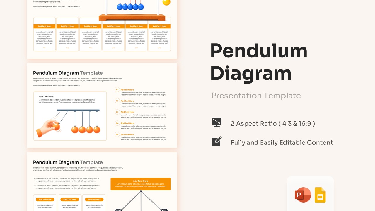 Pendulum diagram slides set with 3D Newton cradle graphics and orange text boxes.