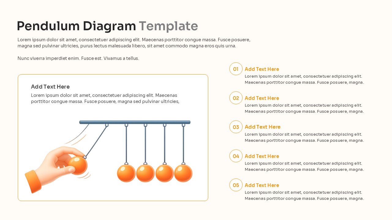 Illustration of hand pulling an orange pendulum ball next to five vertical step nodes.