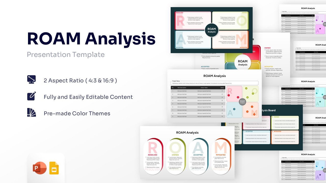 Overview display showing multiple editable matrix layout slides for a Roam Analysis PowerPoint Template.