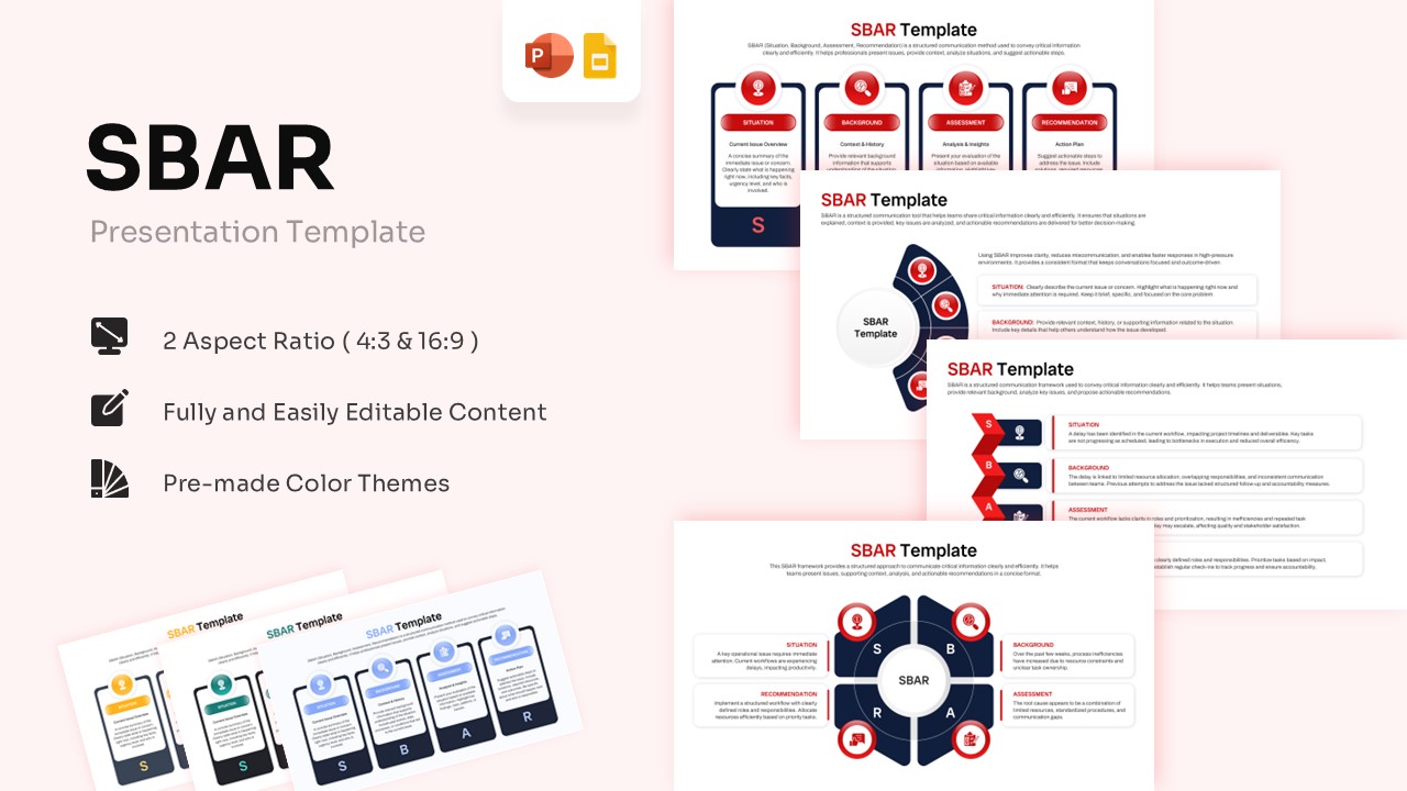 A collage displaying multiple dark blue and red SBAR template slide layouts for PowerPoint.