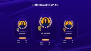 Dark blue slide showcasing three vertical podium columns framed with gold laurel wreaths for top rankings.