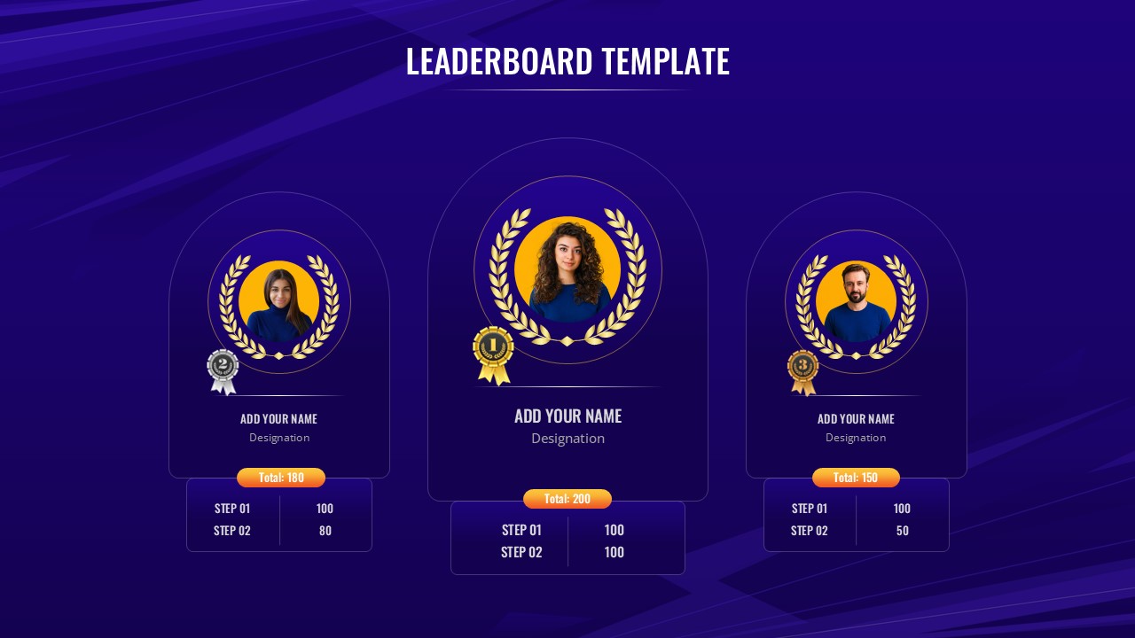 Dark blue slide showcasing three vertical podium columns framed with gold laurel wreaths for top rankings.