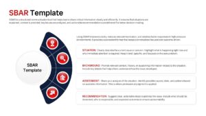 SBAR slide featuring a dark blue semi-circular graphic with red icons paired with horizontal text cards.