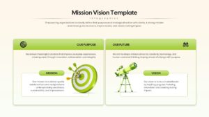 Green themed side-by-side card layout for presenting corporate purpose and future vision.