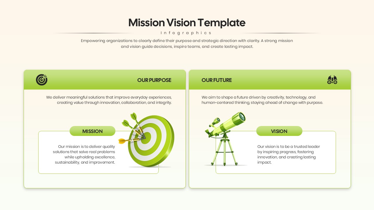 Green themed side-by-side card layout for presenting corporate purpose and future vision.