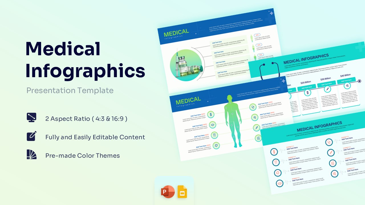 Overview of simple medical infographics slides featuring vaccine charts, stethoscope timelines, and body diagrams.