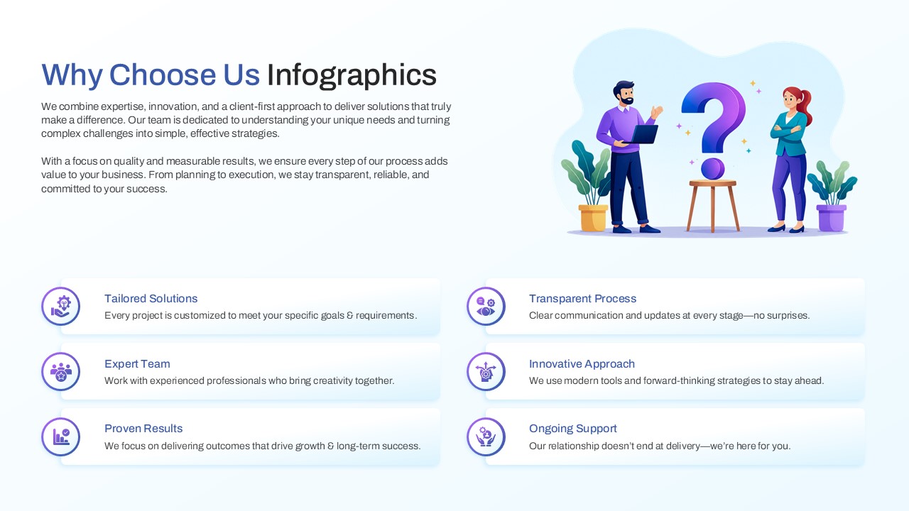 A presentation slide layout with six horizontal text options and a large question mark illustration.