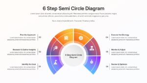 A colorful six step arch diagram slide with clean vector icons and side description text blocks