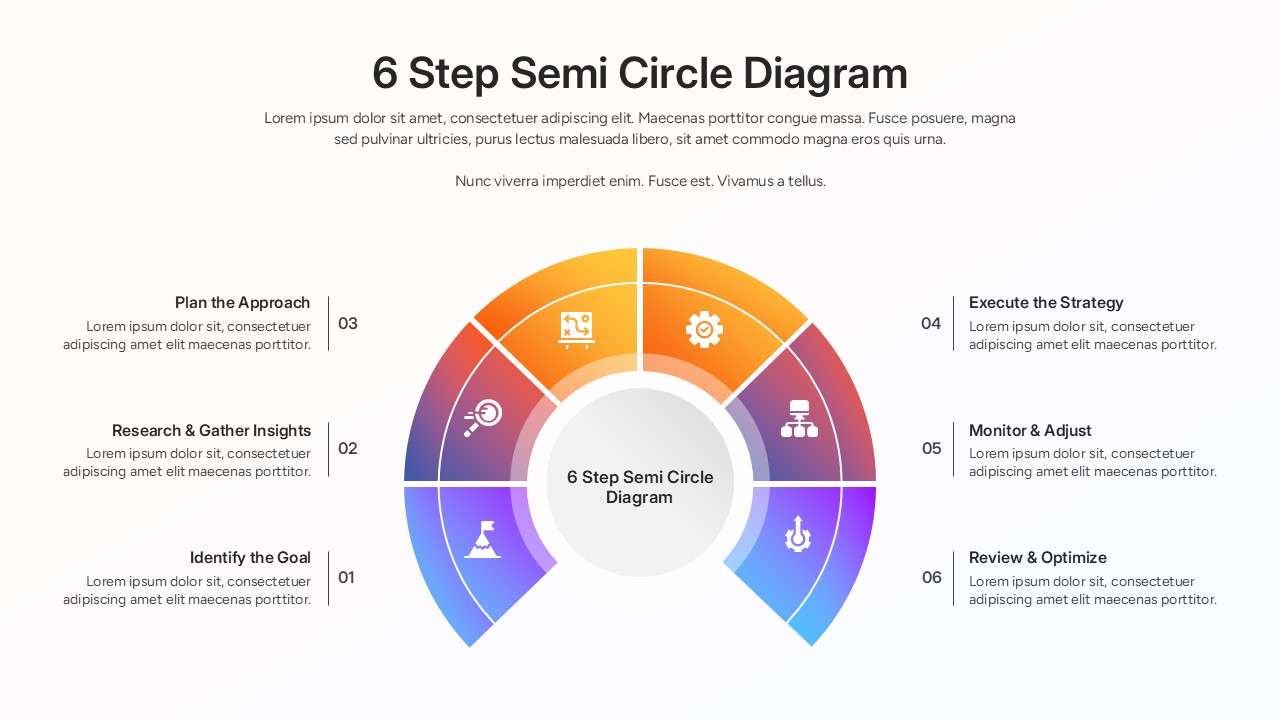 A colorful six step arch diagram slide with clean vector icons and side description text blocks