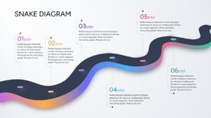Dark winding road path roadmap template with six labeled milestone dots and text callouts.