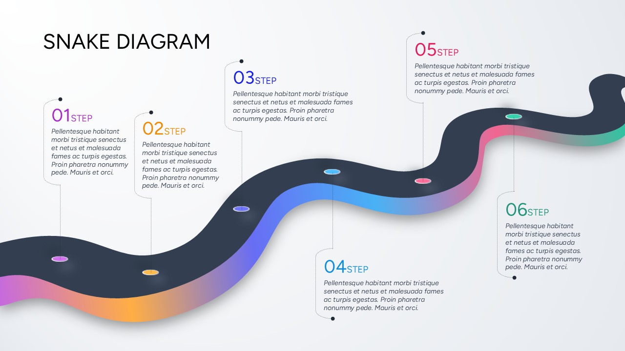 Dark winding road path roadmap template with six labeled milestone dots and text callouts.