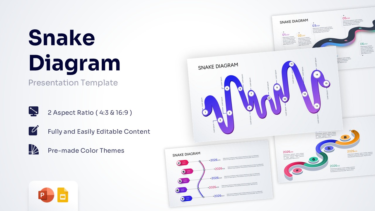 Snake process diagram presentation template cover slide showcasing assorted slide variations.
