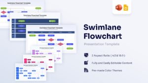 Overview of light and dark swimlane flowchart slide templates for PowerPoint and Google Slides.
