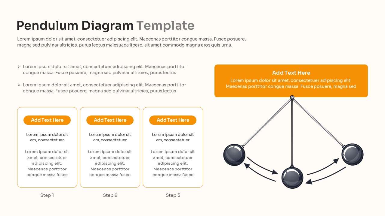 Swinging pendulum vector with curved movement arrows and three summary text cards.