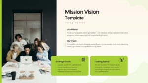 Split slide template featuring a corporate team photo beside mission and strategic goal blocks.