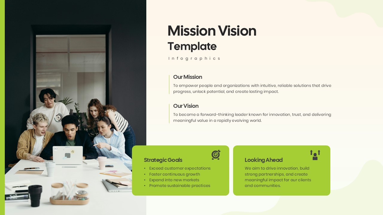 Split slide template featuring a corporate team photo beside mission and strategic goal blocks.