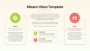Clean three-column mission vision and corporate integrity infographic slide design.