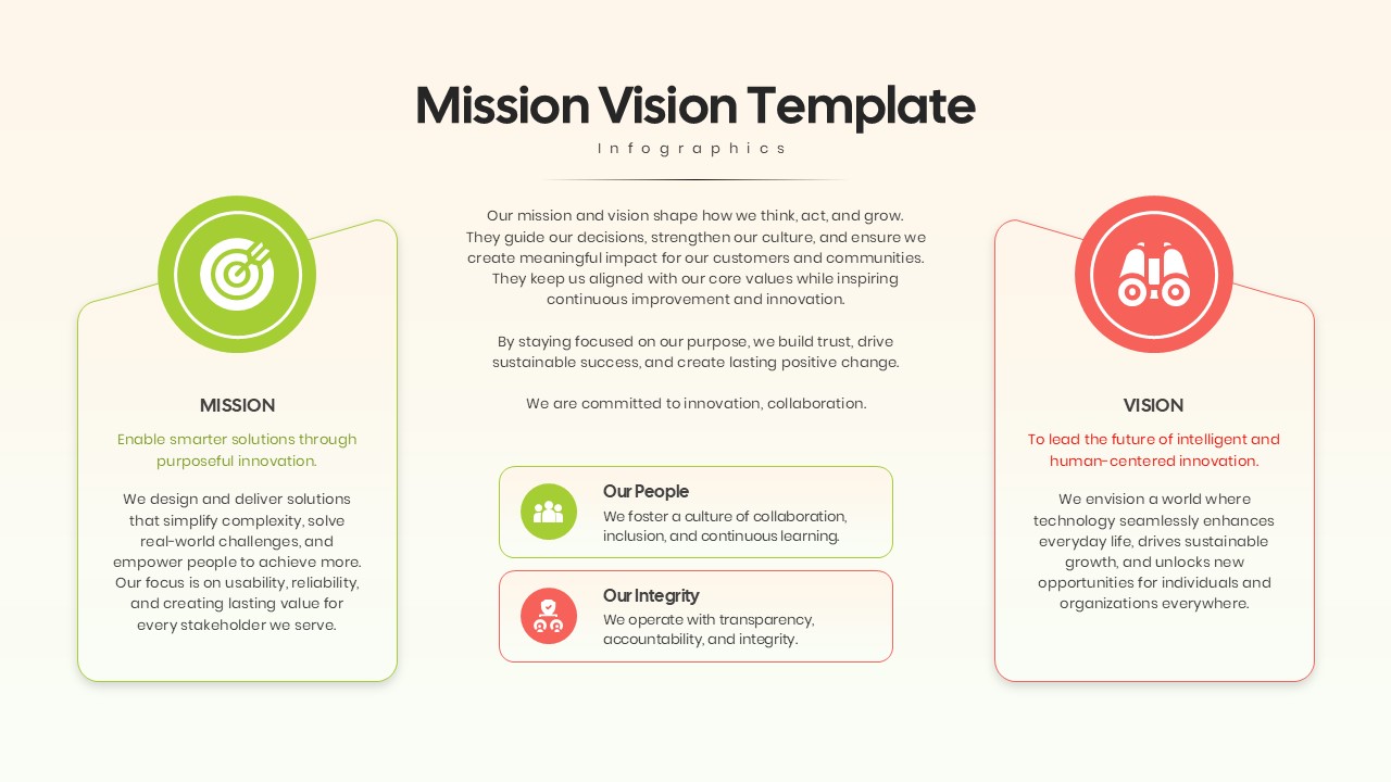 Clean three-column mission vision and corporate integrity infographic slide design.