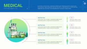 Medical infographic slide showing a vaccine bottle, syringe graphic, four callout text boxes, and demographic stats.