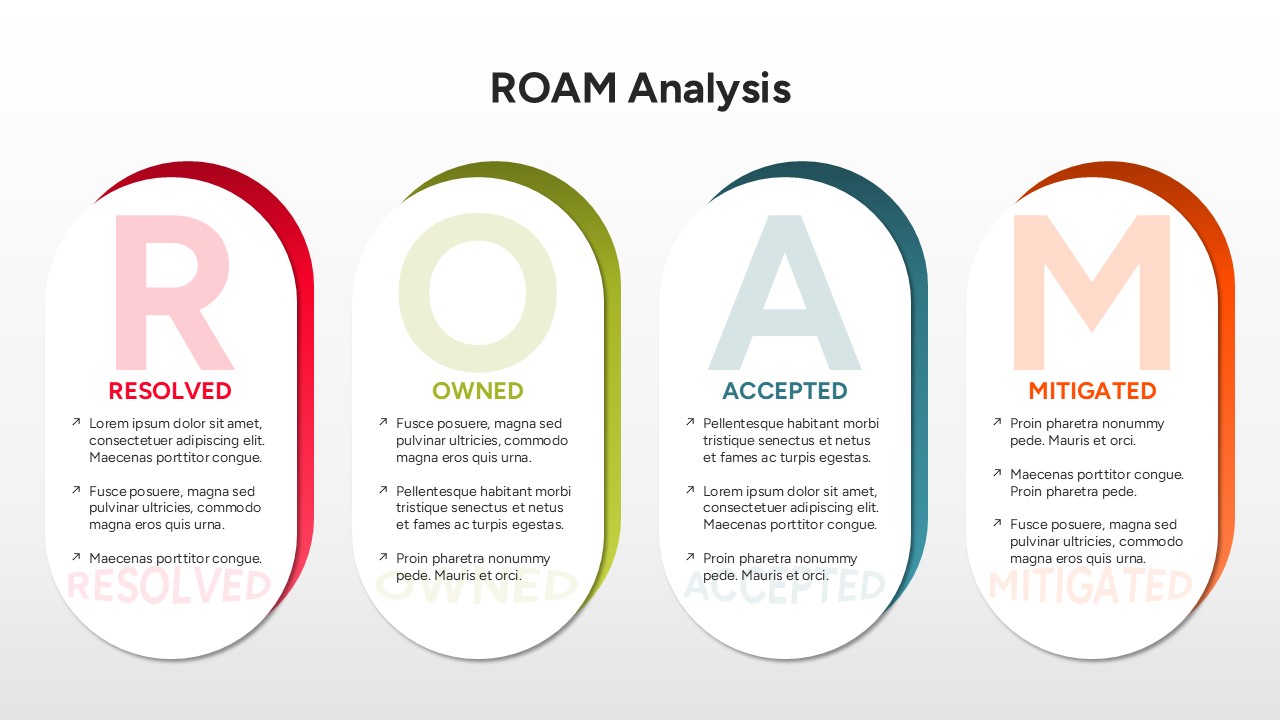 Four vertical pill-shaped columns displaying the elements of the ROAM risk analysis model.