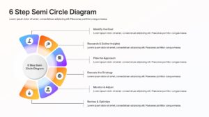 A vertical 6 step semi circle diagram aligned to the left with horizontal text callouts on the right.