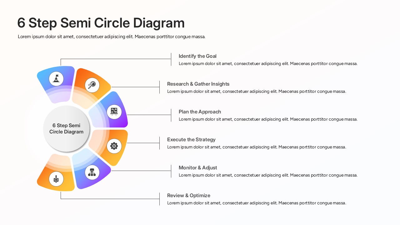 A vertical 6 step semi circle diagram aligned to the left with horizontal text callouts on the right.