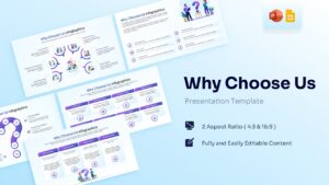 Overview of the Why Choose Us Template showing multiple presentation layouts on a light blue background.