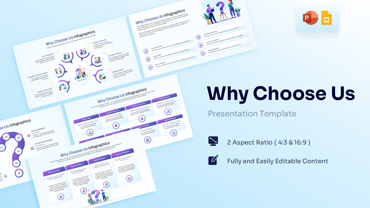 Overview of the Why Choose Us Template showing multiple presentation layouts on a light blue background.