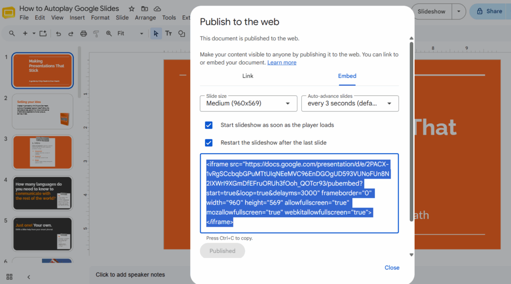 Google Slides Autoplay Embed Code